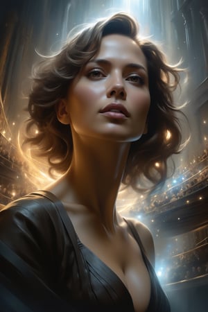 A fusion of Alejandro Burdisio's style with Aleksi Briclot, a mesmerizing woman's face (half-exposed to a symphony of digital light forms:1.8) in an alluring poster design (in close proximity:0.9), the contrast between her natural beauty and the abstract shapes illuminating the void within.






