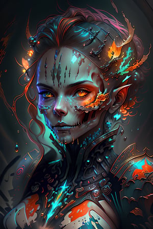 StarCraft Inspired, fantasy concept art in a vivid cinematic style with heavy strokes of paint dripping, complementary colors and perfect face features. This masterpiece is intricately detailed with sharp focus on the supple female form, created using ultra-realistic techniques such as oil painting and watercolor style. The splash screen boasts 16k resolution, hyperdetailed details inspired by artists like Glenn Brown, Carne Griffiths, Alex Ross, Artgerm and James Jean, with atmospheric lighting reminiscent of unreal engine fantastical scenes. This deviantart masterpiece has a neon ambiance complemented by muted colors creating an epic artstation piece perfect for use as a splash arts or tilt-shift camera spotlight, random00, creature00d, orange00d, skull