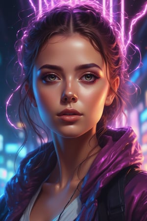 style of Alena Aenami, (close-up portrait:1.2) of a stunningly beautiful woman, her face formed by intricate and mesmerizing (electrical sparks:0.9), placed in a (colorful sci-fi environment:0.8); the atmosphere is filled with (neon lights:0.5) and an air of advanced technology.
