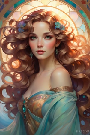 Radiant art nouveau style inspired by Krenz Cushart, a mesmerizing portrait of a woman with flowing locks and alluring eyes, featuring dynamic color shifts and radiant shades that envelop her in an ethereal glow.