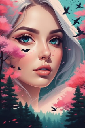 style of Alena Aenami, Artistic poster design, a captivating woman's eye revealing an inner world of (lush trees and fluttering birds within the pupil:1.6), surrounded by colorful and harmonious patterns that elevate its beauty.




