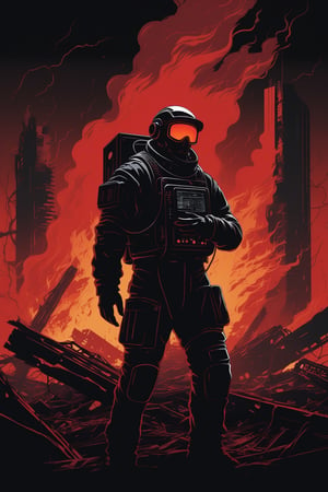 Stylized vector illustration, (Noir silhouette:1.3), Centralized composition, Red and black color theme, Old computer engulfed in flames, (Sci-fi wreckage:1.2), Dystopian atmosphere, Dramatic contrast, Intricate details, (Moody setting:1.2).