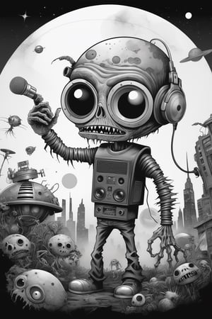 A captivating noir-inspired vector art poster in black and white with watercolor wash, featuring a humorous cartoon zombie cyborg holding speakers. He stands amidst a imaginative sci-fi planet teeming with creatures. Art by famous illustrators like Tim Burton, Junko Miyashita, and Yuko Shimizu, showcasing stunning detail and unique style on ArtStation.