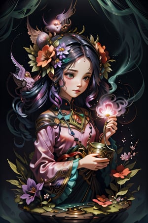 Vibrant and vivid image quality captures a menacing female figure with floral-inspired hair, enveloped within an ethereal dreamscape teeming with miniature creatures. The scene is portrayed in its entirety against a smoky backdrop, evoking feelings of mystery and unease.