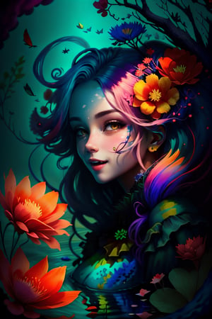  zomb00d, A beautiful woman with colorful hair made from flowers sat on a grassy knoll underneath an apple tree. The sky was blue and the sun shone brightly above her as she watched goldfish swim in a nearby pond