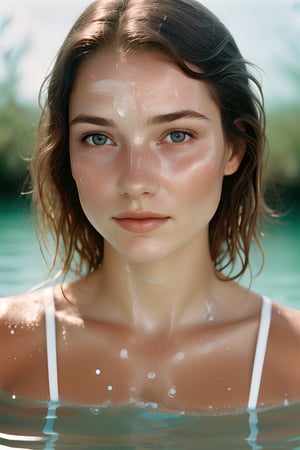 High resolution, ultra detailed photograph, natural white woman, 50mm, kodak portra 400, surrealist wonderland, Natural Light, water on skin, skincare, holding product, wet face, natural skin, real skin texture, brown hair.