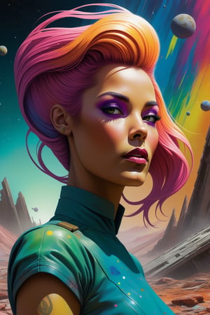 Sci-fi poster combining Kelly Freas and Kilian Eng's styles, A woman with (lush, multicolored hair:0.7) in a close up shot on an abandoned planet, the image enhanced by (random color bursts:1.5), creating a sense of (vivid energy:1.2).
