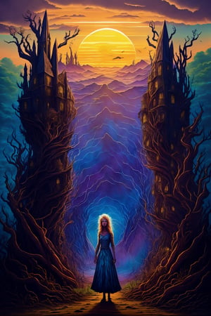 enchanting realm, where reality is suspended and the boundaries between fantasy and nightmares are blurred, a woman as radiant as sunset stands tall. Her hair, an ethereal cascade of vibrant colors that dance in the soft light, sways freely through the air. The ambient glow around her paints her surroundings with hues of twilight; horror looms large but does not deter this vision of beauty. Snakes slither across the sandy ruins surrounding her like serpents from a nightmare. Old, abandoned houses made from grainy driftwood crumble into nothingness. Yet despite these ominous elements, she stands resolute and unafraid amidst it all, her presence casting an ethereal spell over this surrealist dream place, tshee