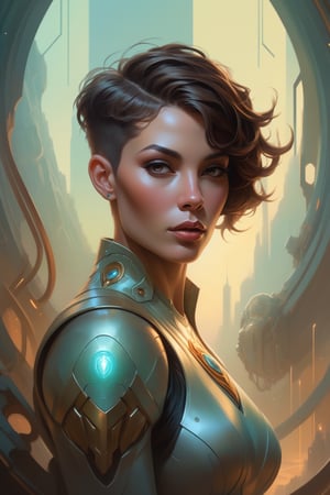 Adopting the captivating style of Peter Mohrbacher, depict an immersive poster scene featuring a close up portrait of a woman boasting sleek short hair, placed in a breathtaking utopic setting filled with futuristic tech and dazzling hues that blend harmoniously into a visual spectacle.