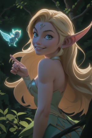 beautiful smiling Margot Robbie as a flying fairy, pointed ears, being of nature, wild long blonde hair, ethereal, luminescent, in the forest, night, intricate, cinematic lighting, highly detailed, 4k,anime