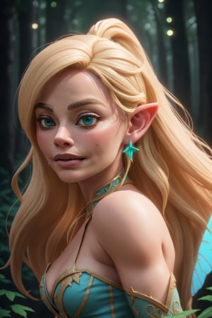 beautiful Margot Robbie as a fairy, pointed ears, being of nature, wild long blonde hair, ethereal, luminescent, in the forest, intricate, cinematic lighting, highly detailed, 4k