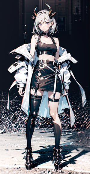 1girl, [slim body], [Full body, full body image], concept art,masterpiece, best quality, 1girl, breasts,earrings, horns, White_jacket,   looking_at_viewer,   solo, origen,
freedom,crop_top,asymmetrical_bangs,laser,near future city,pencil_skirt,asymmetrical_legwear
