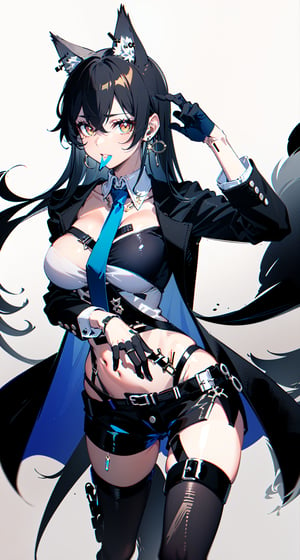 1girl, [slim body], [Full body, full body image], concept art,masterpiece, best quality, breasts,earrings, jacket, long_hair, long_sleeves, looking_at_viewer, necktie,  shirt, solo, asymmetrical_bangs,asymmetrical_legwear,pelvic_curtain,Omertosa, white boots,  wolf ears in hair,black pantyhose,black hair,red inner hair,black shorts
