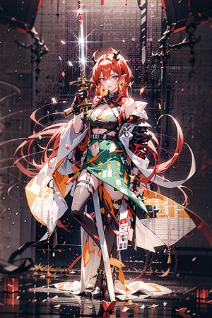 1girl, [slim body], [Full body, full body image], concept art,masterpiece, best quality,  breasts,earrings, red hair,horns,looking_at_viewer,   solo, origen,freedom,crop_top,asymmetrical_bangs,asymmetrical_legwear,Laevatain,leg_ribbon,elbow_fingerless_gloves,long_hair,high-(waist_skirt),sleeveless_shirt,white_shirt,white left shoulder cape,sword,sword on the ground,glowing sword,huge sword,crossed_legs_(standing),cloak,cleavage cutout,tiny_breasts,race_queen,id_card,red sword,white top,pointy_ears,weapon_on_back,pelvic_curtain,Chinese style