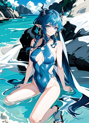 1girl,[slim body],[Full body, full body image],masterpiece, best quality,bangs, blue_eyes, blue_hair, braid, breasts,earrings,horns,jewelry,long_hair,looking_at_viewer,pointy_ears,solo,asymmetrical_bangs,shou elder cutout,shallow smile,bare arms,grace,Argyle pattern cutout one-piece swimsuit,White Woven Shawl,strappy sandals,ring on swimsuit,White beach dress for women,
White Woven Shawl, beach, Braid wrapped around white ribbon,sexy pose,sitting on the seats,breasts
