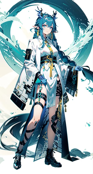 1girl, [slim body], [Full body, full body image], concept art,masterpiece, best quality, 1girl, bangs, blue_eyes, blue_hair, blue_necktie, braid, breasts,earrings, horns, jacket, jewelry, long_hair, long_sleeves, looking_at_viewer, necktie, official_alternate_costume, pointy_ears, shirt, solo, white_shirt,Ling Taoist robe,FROM SIDE, STRADDLING,OriginalOutfit,asymmetrical_bangs,asymmetrical_legwear,pelvic_curtain,