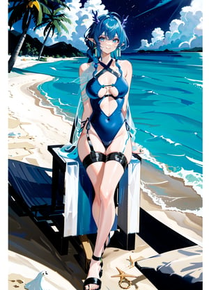 1girl, [slim body], [Full body, full body image], concept art,masterpiece, best quality,bangs, blue_eyes, blue_hair, braid, breasts,earrings, 
horns,jewelry, long_hair,looking_at_viewer,pointy_ears,solo,asymmetrical_bangs,shoulder cutout,shallow smile,bare arms,stand up,grace,simple color,Characters don't touch the border,
detailed clothes,,Argyle pattern cutout one-piece swimsuit,,crossed thigh straps,White Woven Shawl,
beach,strappy sandals,side,ring on swimsuit,White beach dress for women,lying on a deck chair,White Woven Shawl,
beach,strappy sandals,side,ring on swimsuit,coconut tree,White beach dress for women,sitting on the beach,sitting on the seats