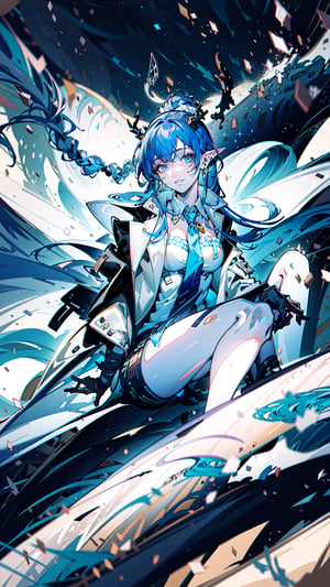 masterpiece, best quality, 1girl, bangs, blue_eyes, blue_hair, blue_necktie, braid, breasts,earrings, horns, jacket, jewelry, long_hair, long_sleeves, looking_at_viewer, necktie, official_alternate_costume, pointy_ears, shirt, solo, white_shirt,upper body,bare legs, bandaged leg,night,Volumetric Lighting,elegant, beautiful background, octane render, H. R. Giger style, 8k, best quality, masterpiece, illustration, an extremely delicate and beautiful, extremely detailed ,CG ,unity ,wallpaper, (realistic, photo-realistic:1.37),Amazing, finely detail, masterpiece,best quality,official art, extremely detailed CG unity 8k wallpaper, absurdres, incredibly absurdres, full body, sitting,floating hair,starry, best quality,sea,mountain,