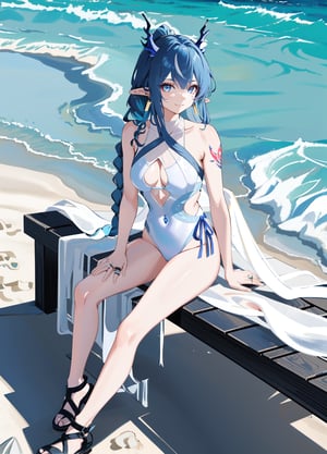 1girl,[slim body],[Full body, full body image],masterpiece, best quality,bangs, blue_eyes, blue_hair, braid, breasts,earrings,horns,jewelry,long_hair,looking_at_viewer,pointy_ears,solo,asymmetrical_bangs,shou elder cutout,shallow smile,bare arms,grace,Argyle pattern cutout one-piece swimsuit,White Woven Shawl,strappy sandals,ring on swimsuit,White beach dress for women,
White Woven Shawl, beach, Braid wrapped around white ribbon,sexy pose,sitting on the seats,breasts,color full background, detaied background,white belt,arm tattoo, 
Gradient Clothes
