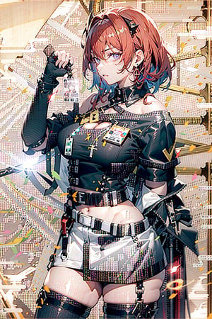 1girl, [slim body], [Full body, full body image], concept art,masterpiece, best quality,  breasts,earrings, red hair,horns,looking_at_viewer,   solo, origen,freedom,crop_top,asymmetrical_bangs,asymmetrical_legwear,Laevatain,leg_ribbon,elbow_fingerless_gloves,long_hair,high-(waist_skirt),sleeveless_shirt,white_shirt,white left shoulder cape,sword,sword on the ground,glowing sword,huge sword,crossed_legs_(standing),cloak,cleavage cutout,tiny_breasts,race_queen,id_card,red sword,white top,pointy_ears,weapon_on_back,pelvic_curtain,Chinese style