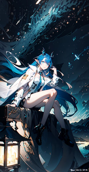 masterpiece, best quality, 1girl, bangs, blue_eyes, blue_hair, blue_necktie, braid, breasts,earrings, horns, jacket, jewelry, long_hair, long_sleeves, looking_at_viewer, necktie, official_alternate_costume, pointy_ears, shirt, solo, white_shirt,upper body,bare legs, bandaged leg,night,Volumetric Lighting,elegant, beautiful background, octane render, H. R. Giger style, 8k, best quality, masterpiece, illustration, an extremely delicate and beautiful, extremely detailed ,CG ,unity ,wallpaper, (realistic, photo-realistic:1.37),Amazing, finely detail, masterpiece,best quality,official art, extremely detailed CG unity 8k wallpaper, absurdres, incredibly absurdres, full body, sitting,floating hair,starry, best quality,sea,mountain,no_humans,scenery