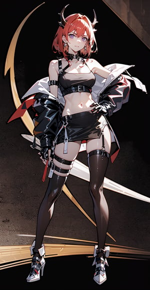 1girl, [slim body], [Full body, full body image], concept art,masterpiece, best quality,  breasts,earrings, horns,looking_at_viewer,   solo, origen,
freedom,crop_top,asymmetrical_bangs,laser_jacket,pencil_skirt,asymmetrical_legwear,Laevatain,racequeen,flame sword behind,hand_on_own_hip,leg_ribbon,ripped_clothes,elbow_fingerless_gloves,
