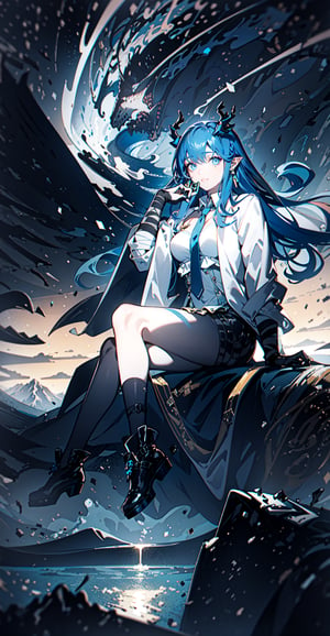 masterpiece, best quality, 1girl, bangs, blue_eyes, blue_hair, blue_necktie, braid, breasts,earrings, horns, jacket, jewelry, long_hair, long_sleeves, looking_at_viewer, necktie, official_alternate_costume, pointy_ears, shirt, solo, white_shirt,upper body,bare legs, bandaged leg,night,Volumetric Lighting,elegant, beautiful background, octane render, H. R. Giger style, 8k, best quality, masterpiece, illustration, an extremely delicate and beautiful, extremely detailed ,CG ,unity ,wallpaper, (realistic, photo-realistic:1.37),Amazing, finely detail, masterpiece,best quality,official art, extremely detailed CG unity 8k wallpaper, absurdres, incredibly absurdres, full body, sitting,floating hair,starry, best quality,sea,mountain,no_humans,scenery