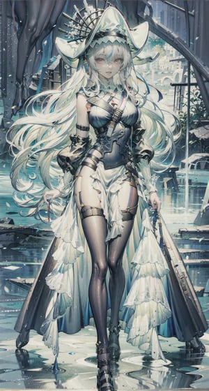  [slim body], [Full body, full body image], concept art,masterpiece, best quality, 1girl,  long_hair,looking_at_viewer,  solo,pelvic_curtain,specter,white hair,hat,1girl,beautiful fingers