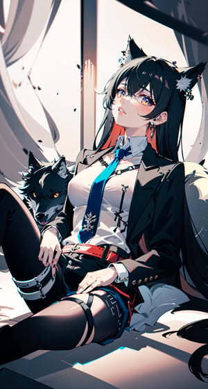 1girl, [slim body], [Full body, full body image], concept art,masterpiece, best quality, breasts,earrings, jacket, long_hair, long_sleeves, looking_at_viewer, necktie,  shirt, solo, asymmetrical_bangs,asymmetrical_legwear,pelvic_curtain,Omertosa, white boots,  wolf ears in hair,black pantyhose,black hair,red inner hair,black shorts
