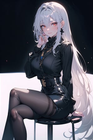 (masterpiece:1.2), best quality,pixiv,midjourney,1girl, solo, long hair, pantyhose, sitting, jewelry, skirt, red eyes, earrings, looking at viewer, sweater, cross earrings, grey hair, very long hair, simple background, feet out of frame, black skirt, breasts, hair between eyes, black pantyhose, white background, bangs, long sleeves, closed mouth, pencil skirt, cross, black sweater, smile, crossed legs, thighs, turtleneck, blush, turtleneck sweater, large breasts, ribbed sweater, high-waist skirt, miniskirt ,Specter