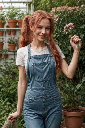 A ravishing girl with soft, pastel eyeshadow and a glossy pink lip, extremely skinny (anorexia), with long, wavy red hair tied back in a messy ponytail. She is wearing a casual, green gardener's apron over a white t-shirt and jeans, holding a small potted plant in one hand and a gardening tool in the other. She stands in a relaxed pose, smiling warmly. The background is a lush, vibrant garden with blooming flowers, green foliage, and a quaint greenhouse in the distance.