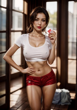 photorealistic,  high resolution,  1women,  mature female,  solo,  hips up,  under_boob t-shirt,  brown hair,  shorts,  make up,  red lips,  girl,  one of his hands was holding a condom box and showing it to the camera