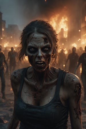 photography, walking death zombies, she looks towards the camera, scream, open mouth, aggressive, walking towards a city, 
portrait: 8k resolution photorealistic masterpiece: 8k resolution concept art intricately detailed, zombie city at night background, city burns on fire background, intricate, sharp focus,  professional, unreal engine, extremly detailed, cinematic lighting, aesthetic, Detailedface, Movie Still,photo r3al,HellAI