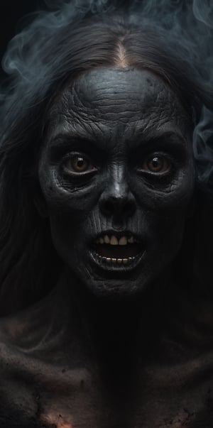 a female creepy creature, terrific, macabre, monster made of black smoke, her eyes burns like fire,  dark theme, high contrast,HellAI, head close up, super detail; demon, hell, disappearing, turning to dust, black eyes