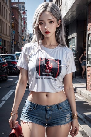 photorealistic, high resolution, 1women, mature female, solo, hips up, jewelry, tattoo, street wear, t-shirt, white hair, shorts, make up, red lips, girl, her hand hold a white box