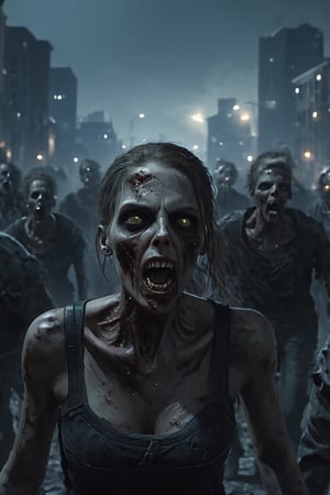 photography, walking death zombies, she looks towards the camera, scream, open mouth, aggressive, walking towards a city, 
portrait: 8k resolution photorealistic masterpiece: 8k resolution concept art intricately detailed, zombie city at night background, intricate, sharp focus,  professional, unreal engine, extremly detailed, cinematic lighting, aesthetic, Detailedface, Movie Still,photo r3al,HellAI