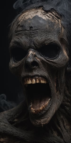 a creepy, terrific, macabre, scream, open mouth, sharp teeth, aggresive, monster made of black smoke, dead rotting skin on the face, extremely detailed dried rotting peeling dead skin, dark theme, high contrast, HellAI, head close up, super detail; demon, hell, disappearing, turning to dust, black eyes