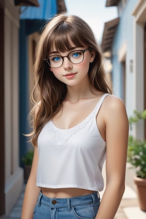 photo of a cute ((18year old girl:1.5)), petite girl, whole body, bangs, ((brown hair:1.3)), (blue eyes), with glasses beautiful girl with fine details, wear lowcut white tanktop, Beautiful and delicate eyes, detailed face, Beautiful eyes, ((realism: 1.2 ))