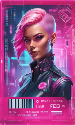 a scan of an ID , Altichiero, detailed product photo, a character portrait a woman in a shiny suit with pink hair, new objectivity , cyberpunk style , 