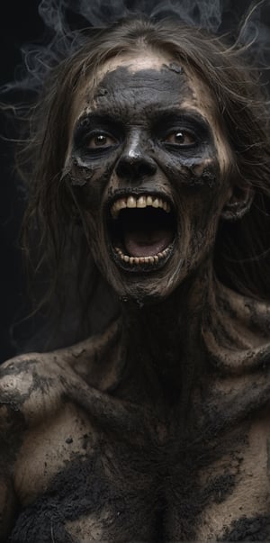 a female creepy, terrific, macabre, scream, open mouth, sharp teeth, aggresive, female monster made of black smoke, dead rotting skin on the face, dirty muddy hair, extremely detailed dried rotting peeling dead skin, dark theme, high contrast, HellAI, head close up, super detail; demon, hell, disappearing, turning to dust, black eyes