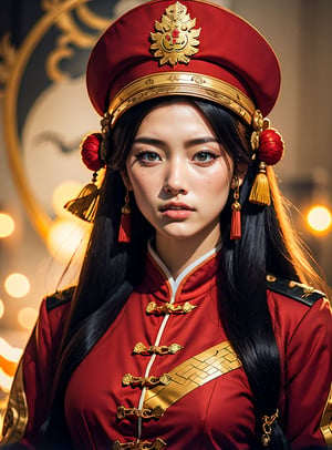 1 girl, chinese general, ancient background, on the battle field, long hair, straight hair, red  clothes ,Realism