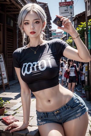 photorealistic, high resolution, 1women, mature female, solo, hips up, jewelry, under_boob t-shirt, white hair, shorts, make up, red lips, girl, one of his hands was holding a condom box and showing it to the camera