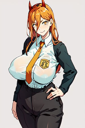 1girl, power, solo, cowboy shot, yellow eyes, symbol-shaped pupils, orange hair, horns, smile, shirt, necktie, black pants, , simple background, looking at viewer, hands on hips,  gigantic breasts , wide hips,takeda hiromitsu style