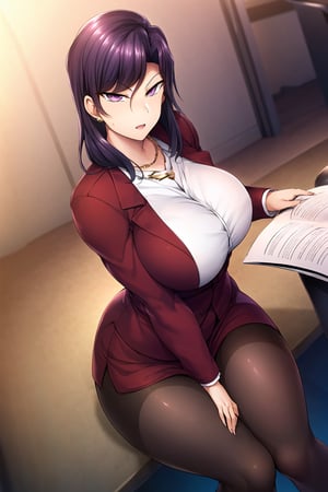 red jacket,pencil skirt,white shirt,pantyhose,,jewelry,,earrings,necklace, purple eyes, purple hair,Bangs,1 girl, 20yo,Young female,Beautiful Finger,Beautiful long legs,Beautiful body,Beautiful Nose,Beautiful character design, perfect eyes, perfect face,expressive eyes, looking at viewer, in the center of the image,(light_smile:0.5), official art,extremely detailed CG unity 8k wallpaper, perfect lighting,Colorful, Bright_Front_face_Lighting,shiny skin, (masterpiece:1.0),(best_quality:1.0), ultra high res,4K,ultra-detailed, photography, 8K, HDR, highres, absurdres:1.2, Kodak portra 400, film grain, blurry background, bokeh:1.2, lens flare, (vibrant_color:1.2) (Beautiful,large_Breasts:1.4), (beautiful_face:1.2),(narrow_waist),aiue oka