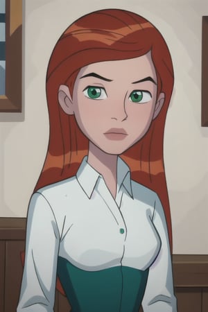 (8k, RAW photo, best quality, masterpiece:1.2), (intricate details), perfect eyes, perfect face, perfect lighting, beautiful, (masterpiece:1.2), (best quality:1.2), 1girl, cartoon style, gwentennyson, green eyes, redhead