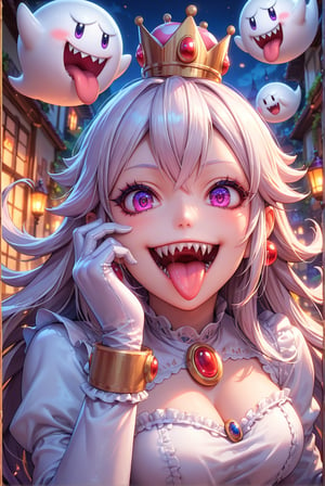 score_9, score_8_up, score_7_up, source_anime, 1girl, beautiful detailed eyes, ((masterpiece,best quality)), absurdres, solo, Boosette, fang, sharp teeth, sticking out her tongue, public indecency, degenerate face, lewd face, (crown:1.1), long hair, white hair, purple eyes, white dress, long sleeves, white gloves, smile, curvy, head tilt, night, boo_(mario),  dynamic action, dynamic angle, dynamic shot
