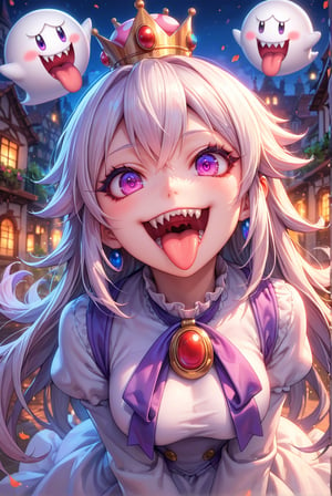 score_9, score_8_up, score_7_up, source_anime, 1girl, beautiful detailed eyes, ((masterpiece,best quality)), absurdres, solo, Boosette, fang, sharp teeth, sticking out her tongue, public indecency, degenerate face, lewd face, (crown:1.1), long hair, white hair, purple eyes, white dress, long sleeves, white gloves, smile, curvy, head tilt, night, boo_(mario),  dynamic action, dynamic angle, dynamic shot
