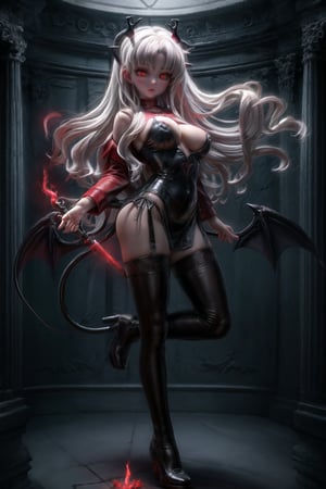 Ultra realistic full body shot of a Lust Demon, very beautiful young girl, ((15 years old):1.5), red glowing eyes, white hair, extremely intricate details, dancing in a Satanic ritual, in a dark temple, demon horns, devil's tail, demon wings, cinematic, 8k resolution, incredibly beautiful, character by Gil Elvgren,1girl,sexy, huge tits, revealing_clothes, tohsaka rin