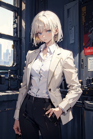 masterpiece, best quality, 1girl, short hair, platinum blonde hair, blazer, shirt, trousers, relaxed