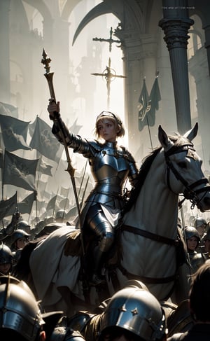 masterpiece, best quality, Joan of Arc leading her army into battle, heroic, bright, moody, intense